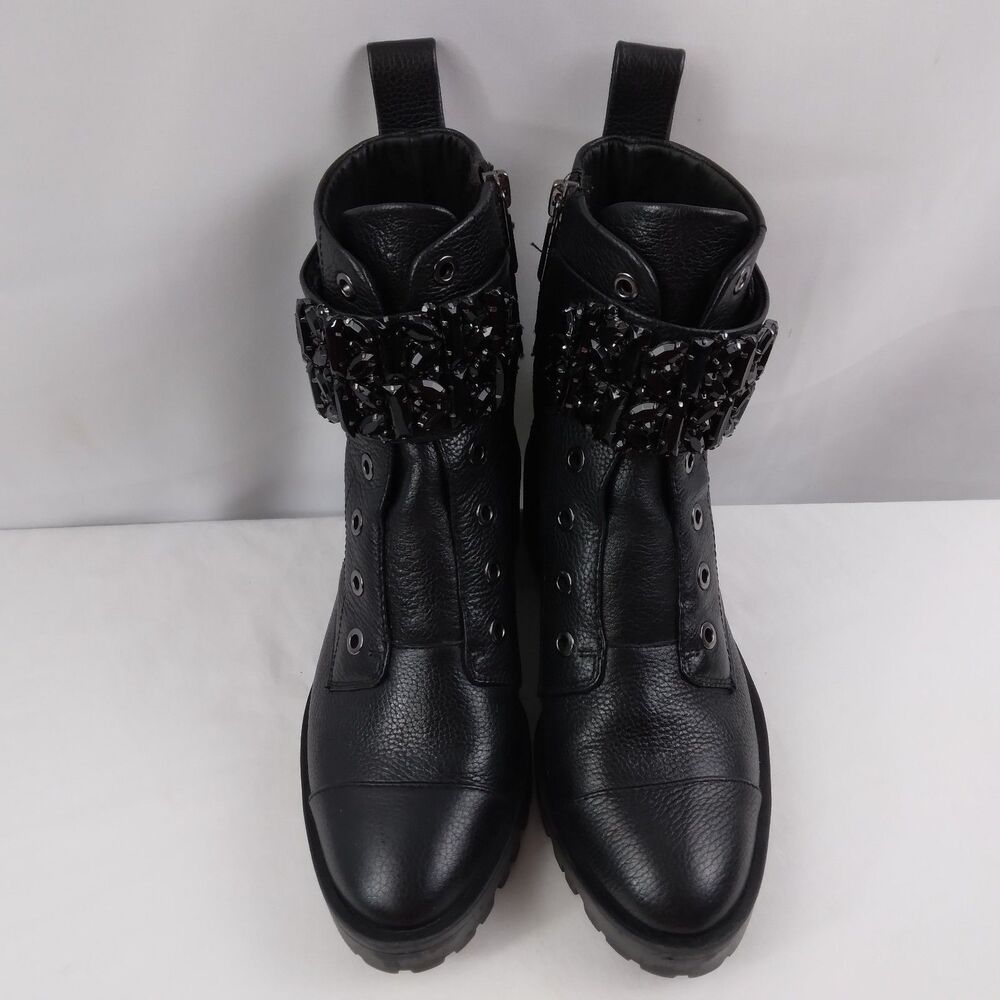 Karl Lagerfeld PIPPA Black Pebbled Leather Rhinestone Combat Boots Size 6M - Picture 4 of 16